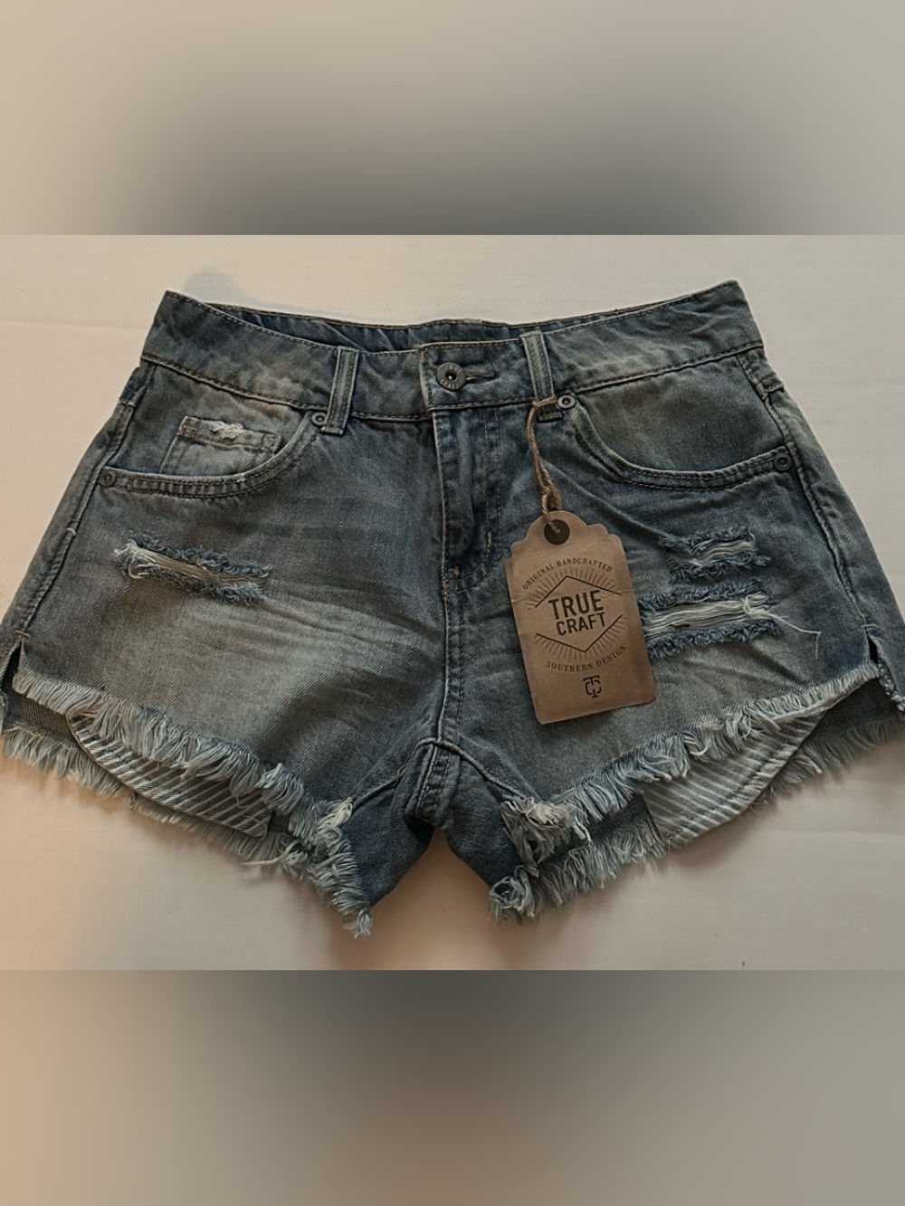 True Craft Distressed Light Blue Denim Shorts with Frayed Hem, size 1
